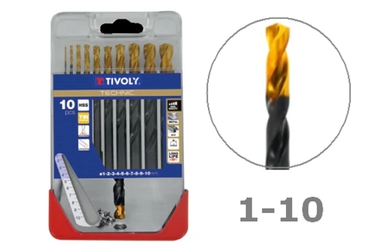 10 részes Tivoly TiN bevonatos HSS fémfúró készlet