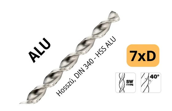 Hosszú csigafúró DIN 340 HSS ALU - Tivoly 114038 széles horonnyal könnyűfémekhez