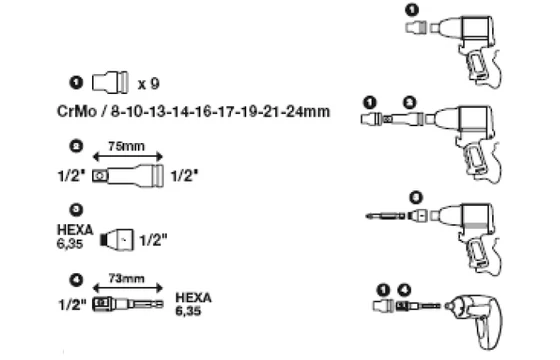 12 részes gépi dugókulcs készlet (kerékszereléshez)